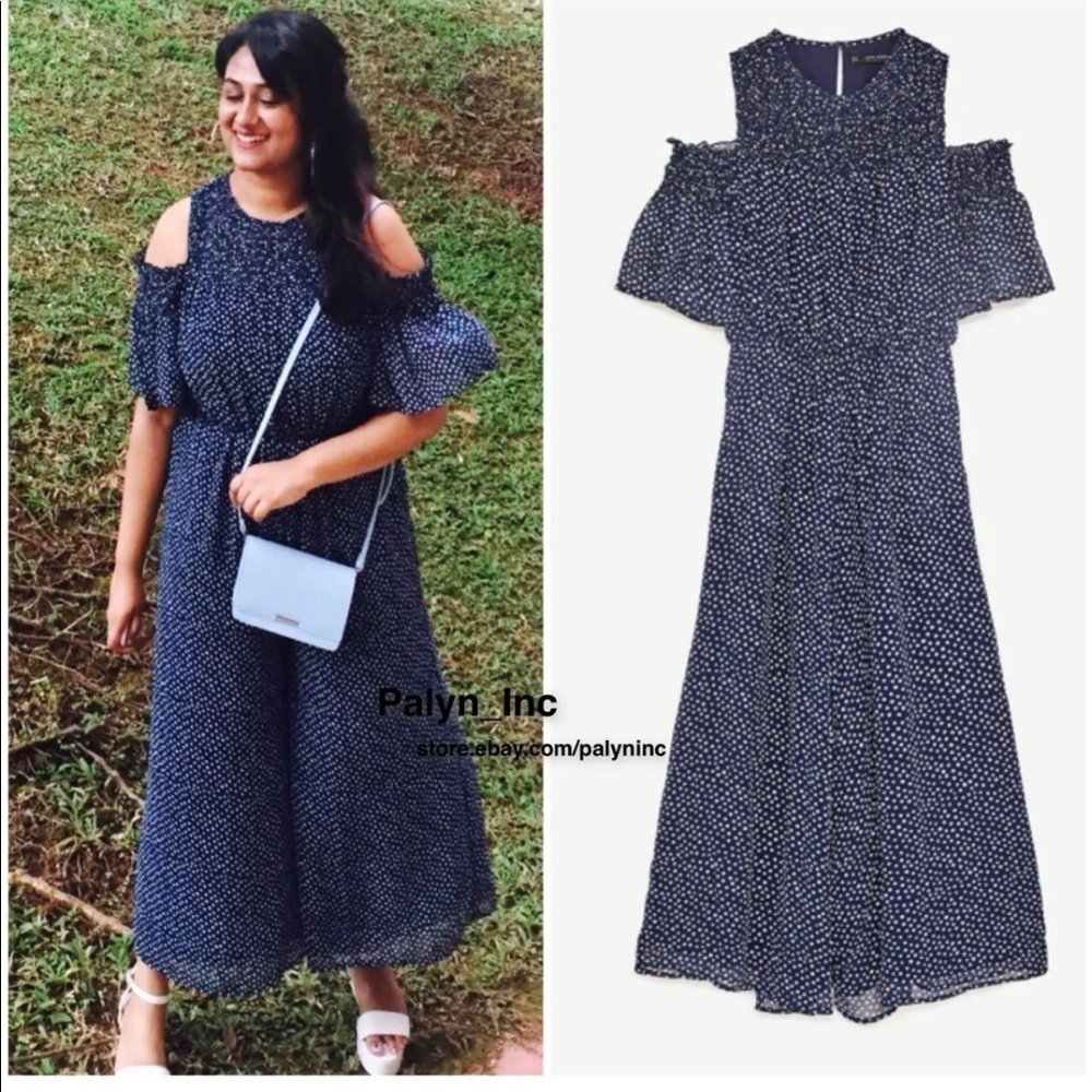 ZARA Sz S JUMPSUIT NAVY/WHITE FLOWING LONG POLKA DOT